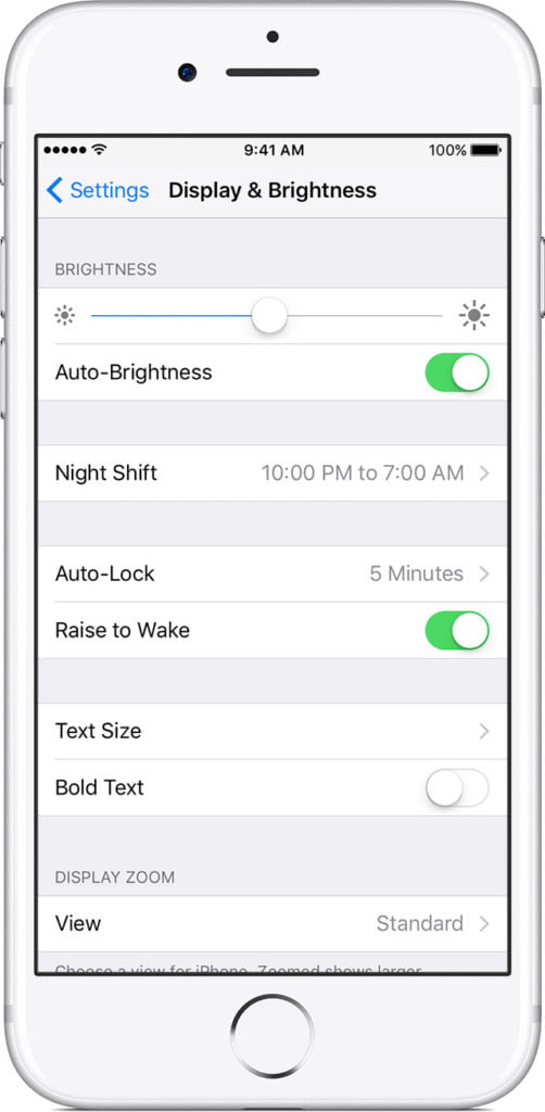 Display & Brightness Menu in iOS